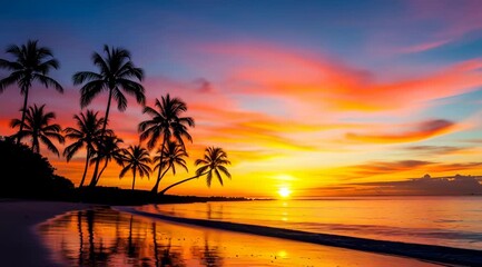 Tropical beach sunset with palm trees and colorful sky creating a serene atmosphere and perfect - Powered by Adobe