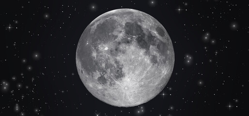 Big full moon stars and planets in space. Craters. Night sky. Air