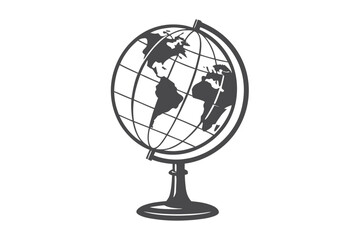 A classic grey world globe showing continents and grid lines sits on pedestal stand