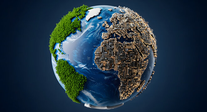 Global contrast Earth's green and digital halves showing environmental change