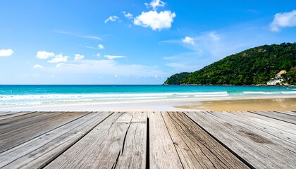 Idyllic Beach Scene with Wooden Deck and Turquoise Water.