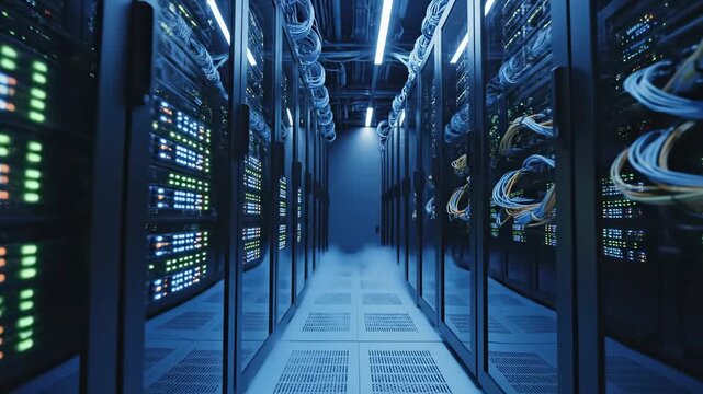 A Darkened Data Center Corridor Showcasing Rows of Servers with Illuminated Lights and Network Cables, Creating a Futuristic Tech Environment