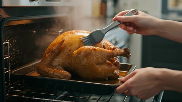 Basting turkey in oven with brush for Christmas dinner preparation  