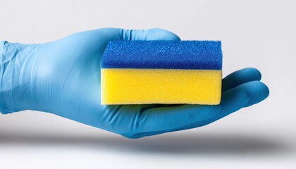 Female Hand Holding Sponge For Dishwashing In Latex Glove On White Background: Woman'S Hand Gesturing And Cleaning Dishes.