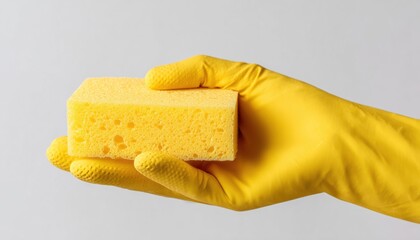 Woman'S Hand Holding Sponge For Washing Dishes In Latex Glove On White Background. Hand Gesture Or Sign. Cleaning Kitchen Utensils.
