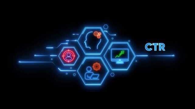 CTR neon icons with glowing lines and text on black background Keywords: CTR, click through