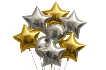 Gold and silver foil star and round balloons for celebratory events and festive party decoration on transparent background