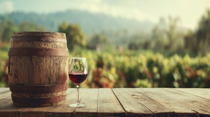 Fototapeta premium Rustic Wooden Barrel and Wine Glass in a Beautiful Vineyard Setting During Golden Hour