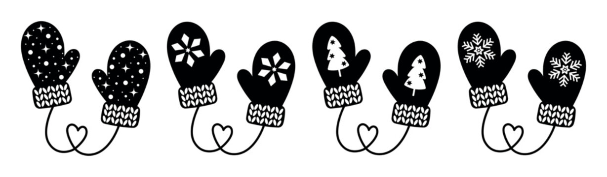 Black winter mittens icons set with snowflakes, stars and Christmas tree designs, cozy holiday illustration for festive cards, prints, stickers, crafts and seasonal graphic projects