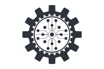 A gear depicts a central network of connected nodes and lines together