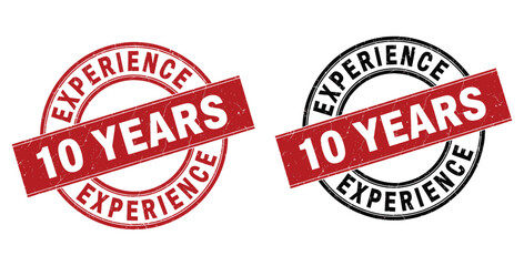 Two grunge stamps showing ten years experience in red and black on a white background