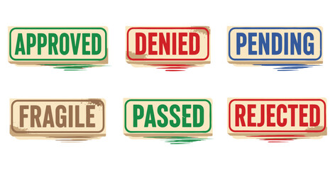 Collection of status labels including approved denied pending fragile passed rejected