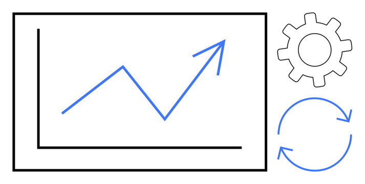 Blue line graph with upward trend inside a frame, alongside gear and circular arrow icons. Ideal for growth, progress, analysis, goal achievement, process improvement, optimization success. Simple