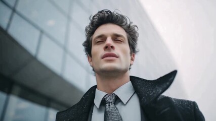 Confident Corporate Stroll: A determined individual strides confidently past a modern office building, embodying professional success and ambition in a dynamic urban landscape.