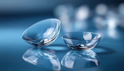 Close-Up Of Two Contact Lenses Reflecting On Blue Surfaces With The Focus On The Long-Distance Lens In The Foreground.