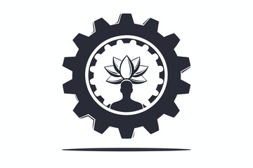 A gear shape encompasses a stylized human figure and lotus flower in monochrome