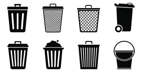 Collection of various black and white trash cans and a bucket on a white background