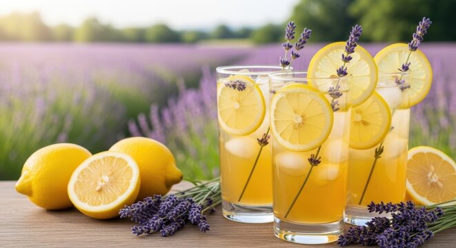 Refreshing lemon lavender drinks in a vibrant lavender field during sunset