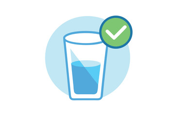 A glass of water is half full with a green checkmark showing compliance