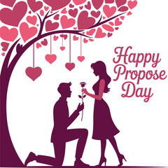 Romantic Propose Day Illustration with Couple Silhouette, Rose and Heart Tree – Valentine Week Love Design