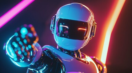 A sleek robot character illuminated by vibrant neon lights, showcasing a modern design and interactive pose.