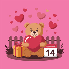 Cute Teddy Bear Holding Heart with Valentine Gift and February 14 Calendar – Happy Valentine’s Day Illustration