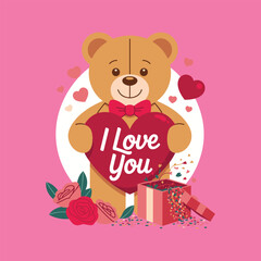 Cute Teddy Bear Holding I Love You Heart with Roses and Gift Box – Valentine Love Illustration on Pink Background