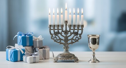 chanukah hanukkah menorah with gifts and kiddush cup