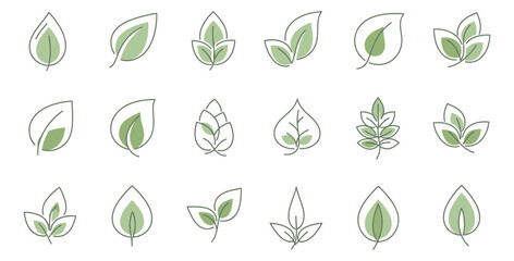 Collection of minimalist green leaf icons representing nature and organic concepts