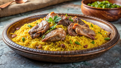Delicious fragrant mansaf with yellow rice served in rustic bowl. Fragrant mansaf dish features tender lamb and aromatic rice, a culinary delight.