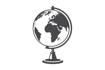 A gray monochrome world globe sits displayed on a stand, showing continents on white