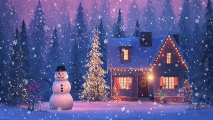 Xmas scene with a cheerful cartoon snowman in a snowy village square surrounded by houses decorated with bright christmas lights at night - Powered by Adobe