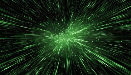 Exciting Hyper Jump And Luminous Green Lights. Spectacular Stars Explosion And High-Speed Action In A Green Dynamic Motion.