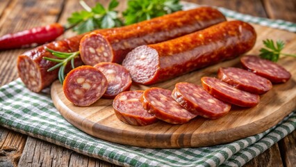 Sliced sausage showcasing smoked Hungarian sausage, arranged on rustic wooden board, presenting delightful charcuterie. Smoked Hungarian sausage embodies culinary tradition and rich flavors.