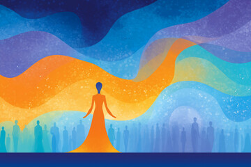 Abstract illustration of a figure in an orange gown standing amidst a colorful wave pattern, symbolizing unity and connection among diverse silhouettes in a vibrant atmosphere