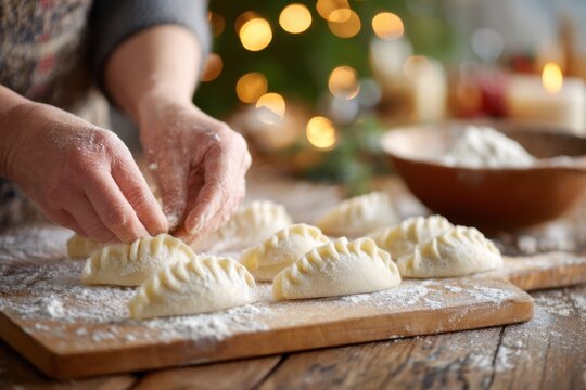 Traditional pierogi making process during winter holiday season, hands skillfully shaping dough on wooden board with festive decorations in the background