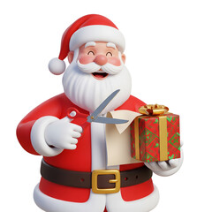 3D vector illustration of Santa Claus trimming decorative ribbon with scissors while wrapping a Christmas package, friendly and joyful look, colorful and smooth cartoon design, on white background