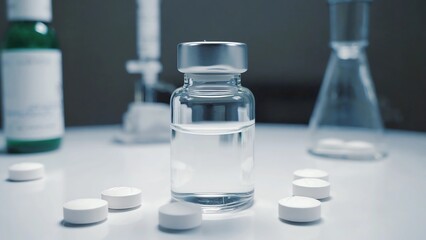 A dramatic close-up of a row of clear glass pharmaceutical vials, each containing a different measured amount of white powdered substance