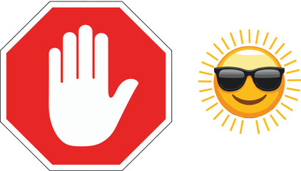 Stop hand symbol with smiling sun emoji, contrast of caution and leisure, summer safety concept, vacation awareness illustration