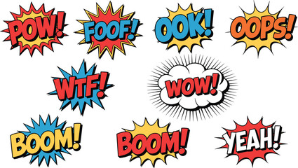 Comic, exclamations, sound, effects, pop, art, burst, typography, cartoon, speech, bubble, wow, boom, pow, retro, graphic, colorful, dynamic, comic-style, expressions © Mst