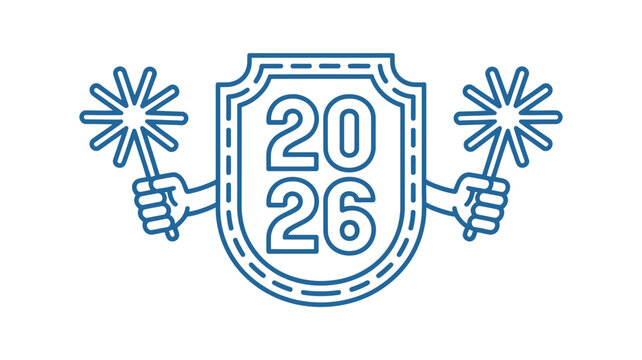Two hands hold sparklers in front of a shield with the year 2026 depicted inside.