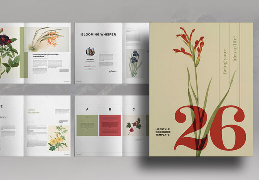 Green And Red Retro Vintage Flower Lifestyle Brochure Layout