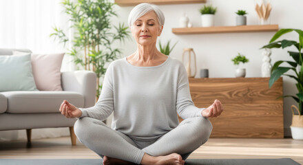 Senior woman practicing yoga meditation in a bright living room, surrounded by plants and natural light, promoting relaxation and mindfulness