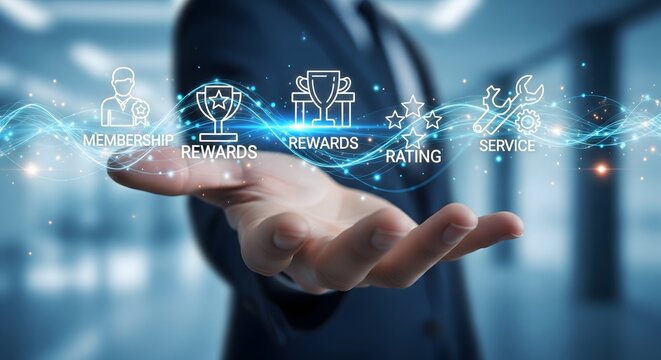 Conceptual illustration of customer loyalty and satisfaction metrics displayed on a businessman's outstretched hand with digital effects