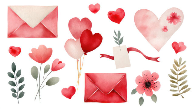 Watercolor illustration of romantic elements including hearts, flowers, and envelopes, perfect for Valentine's Day celebrations and heartfelt expressions