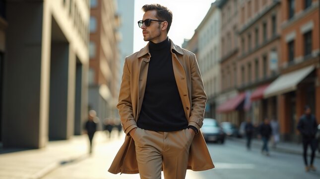 Stylish Gentleman in Street Fashion Walking Outdoors