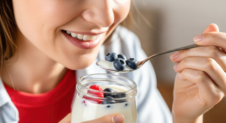 Woman enjoying a healthy yogurt dessert topped with fresh blueberries and raspberries, showcasing a joyful moment of indulgence and wellness