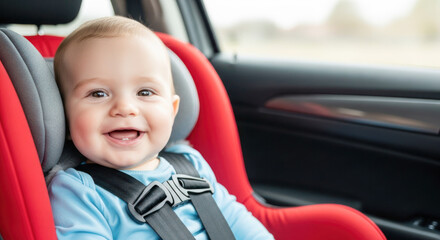 Happy baby boy in a red car seat smiling joyfully while seated in a vehicle, showcasing a safe and comfortable travel experience