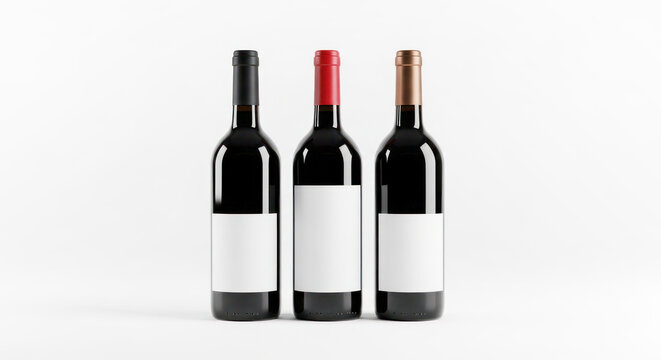 Three wine bottles with blank labels arranged on a clean white background, showcasing elegant design and potential for branding opportunities