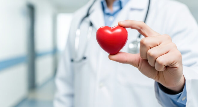 Medical professional holding a red heart symbol in a hospital corridor, showcasing compassion and care in healthcare environment